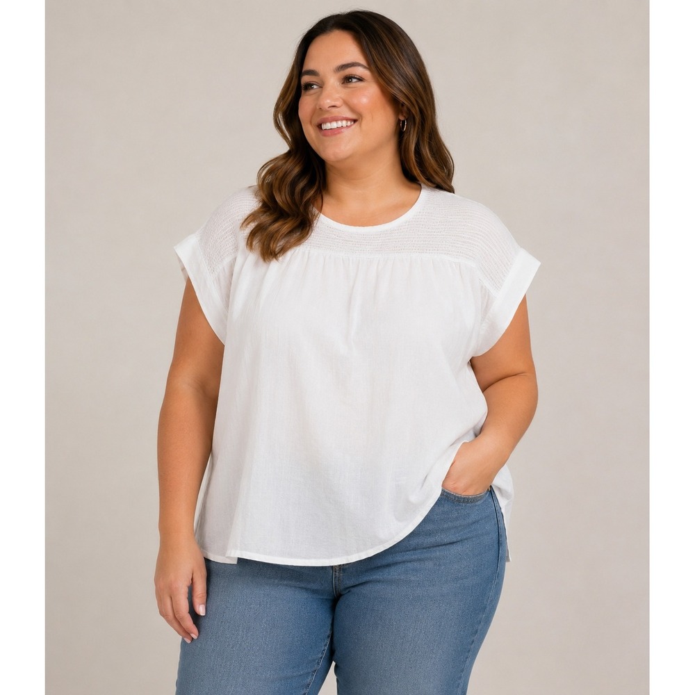 Lungo L'Arno White 100% Linen Smocked Yoke Top Made in Italy 1X